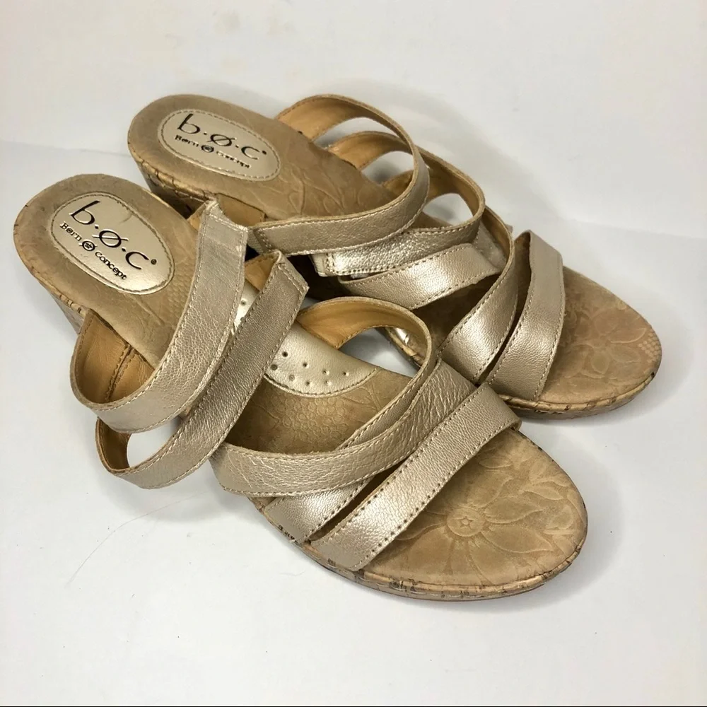 boc Metallic‎ Rose Gold Leather Strappy Cork Open Toe Slide Wedge Sandal 10